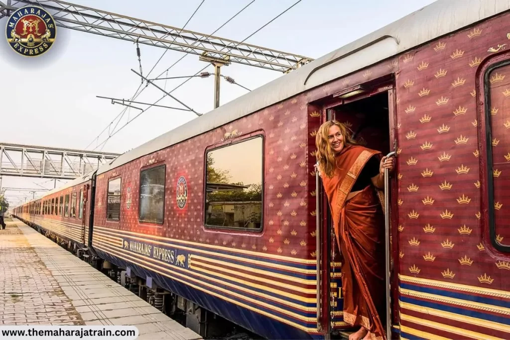 Lady standing on the maharajas express door.